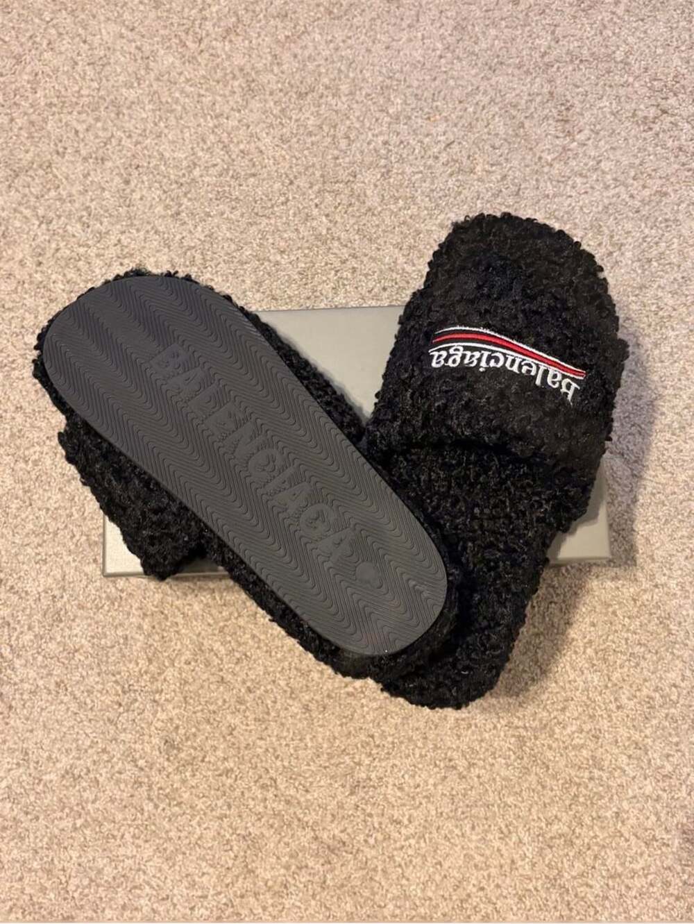 Balenciaga Fur Slides Size 40 Black Embroidered Logo